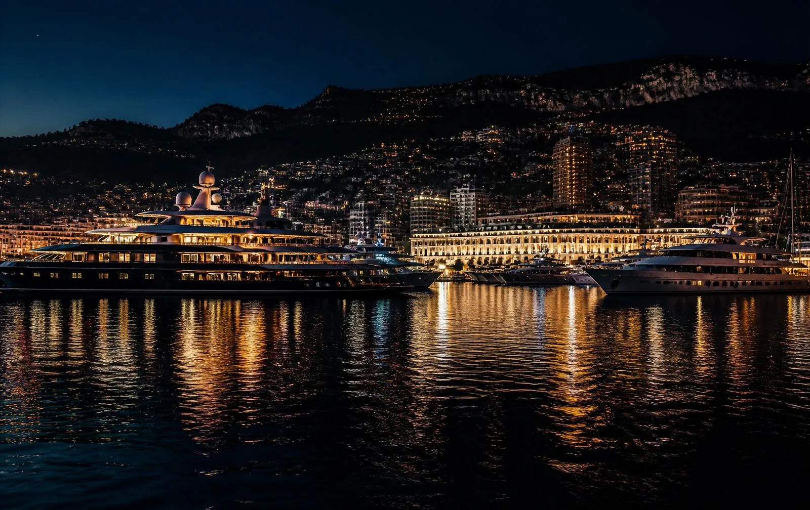 Superyachts moored in harbour at night